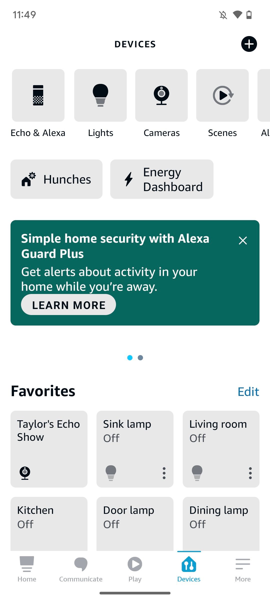 A guia de dispositivos do aplicativo Amazon Alexa.