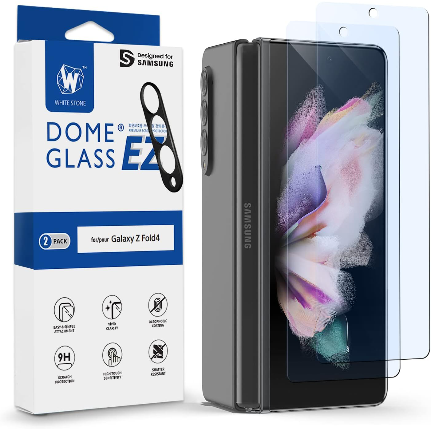 Whitestone Dome EZ Glass Z Fold 4, vista frontal em camadas ao lado da embalagem