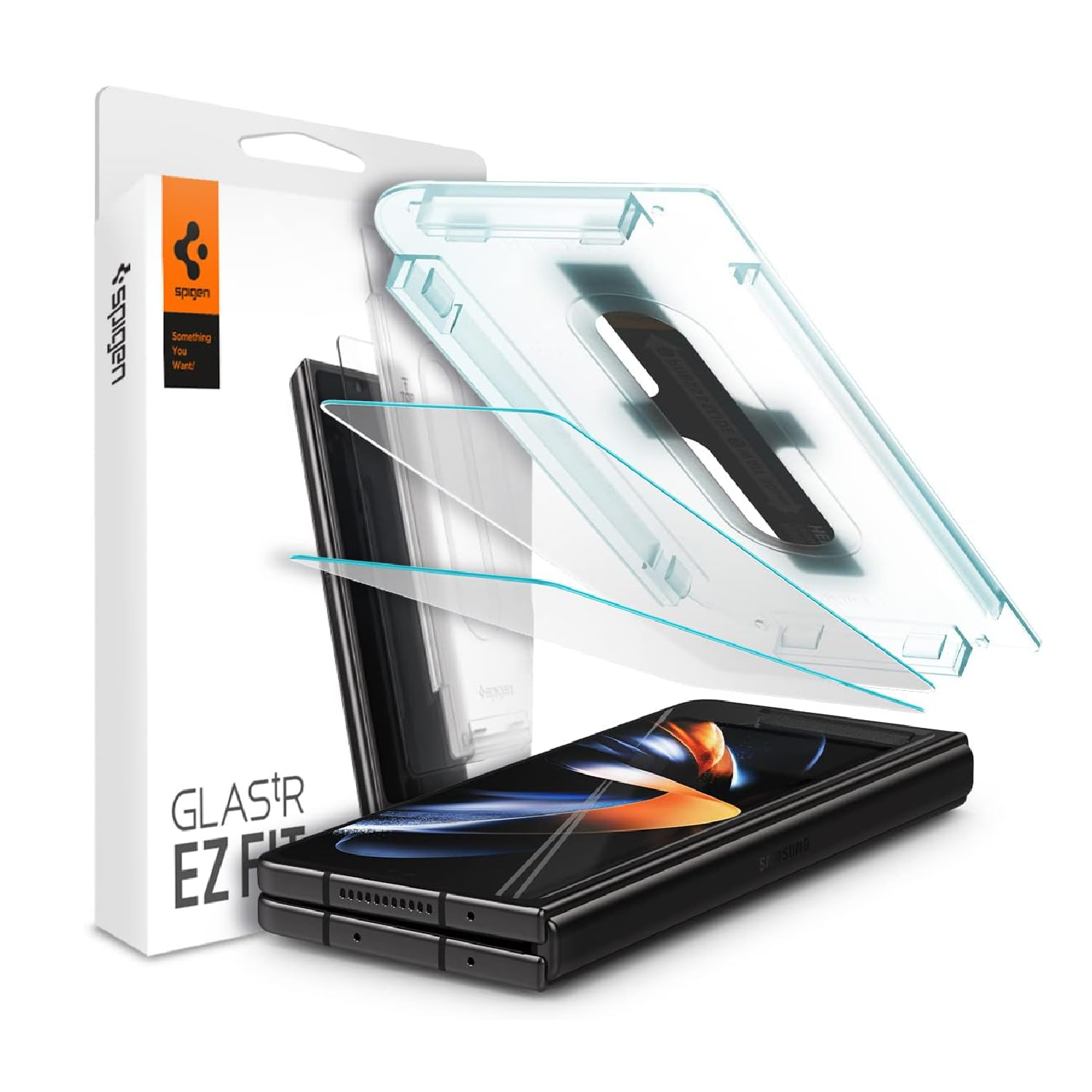 Protetor de tela de vidro temperado Spigen para Galaxy Z Fold 4 em fundo branco.