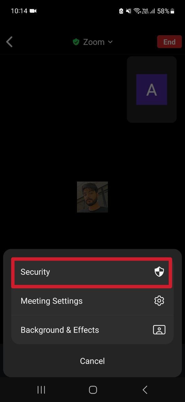 Captura de tela mostrando a opção para abrir as configurações de segurança do Zoom