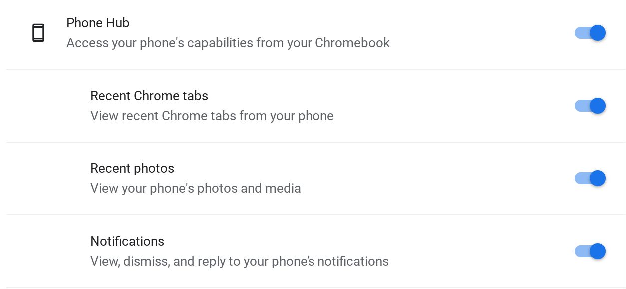 As configurações do recurso Phone Hub em um Chromebook