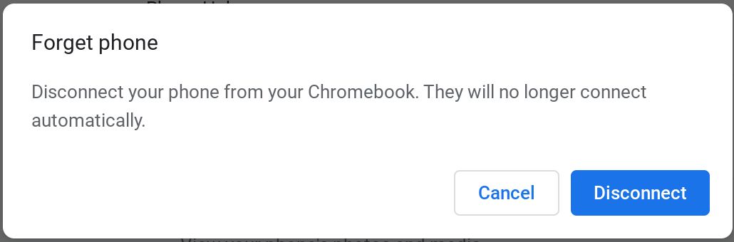 A caixa de diálogo Esquecer telefone ao desconectar um telefone do Chromebook