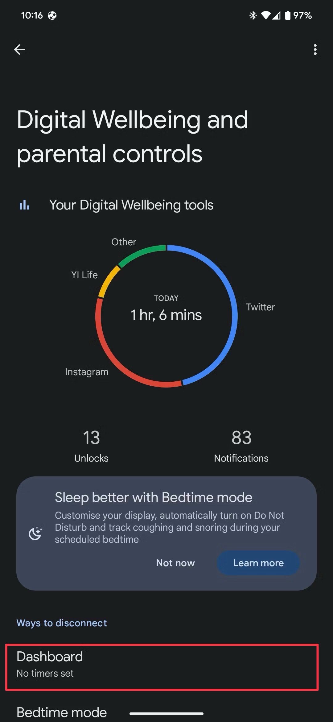 Captura de tela do Bem-estar digital mostrando a hora de dormir