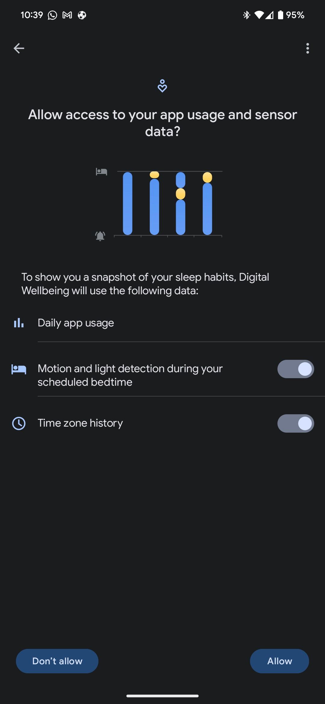 captura de tela das permissões do sensor no modo hora de dormir no Android
