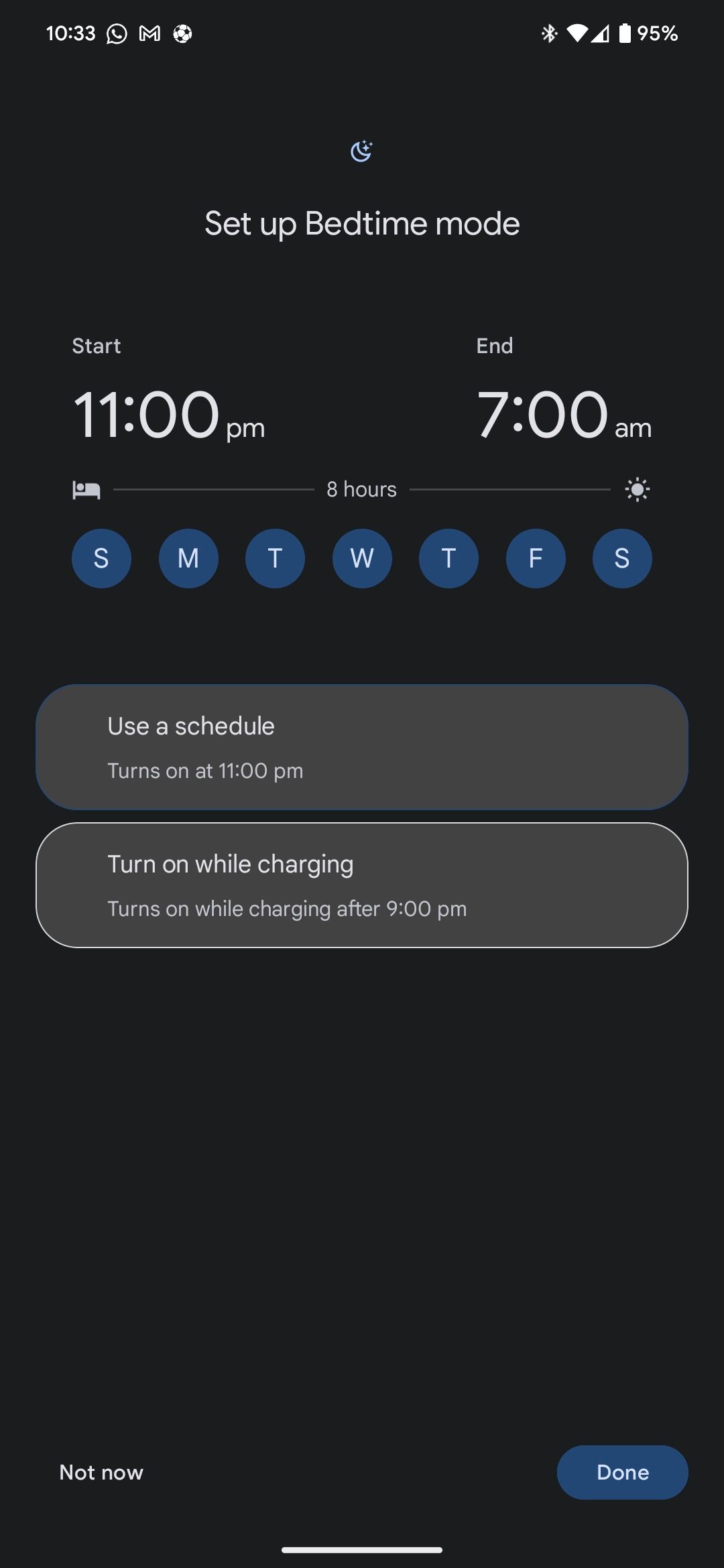 captura de tela da configuração do modo hora de dormir no Android