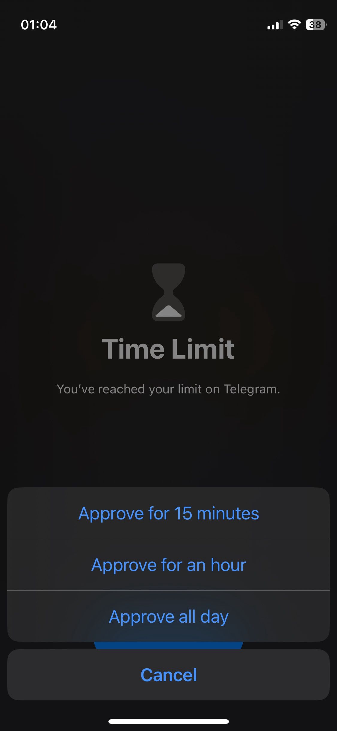 Captura de tela do limite de tempo do aplicativo iOS mostrando opções para mais tempo