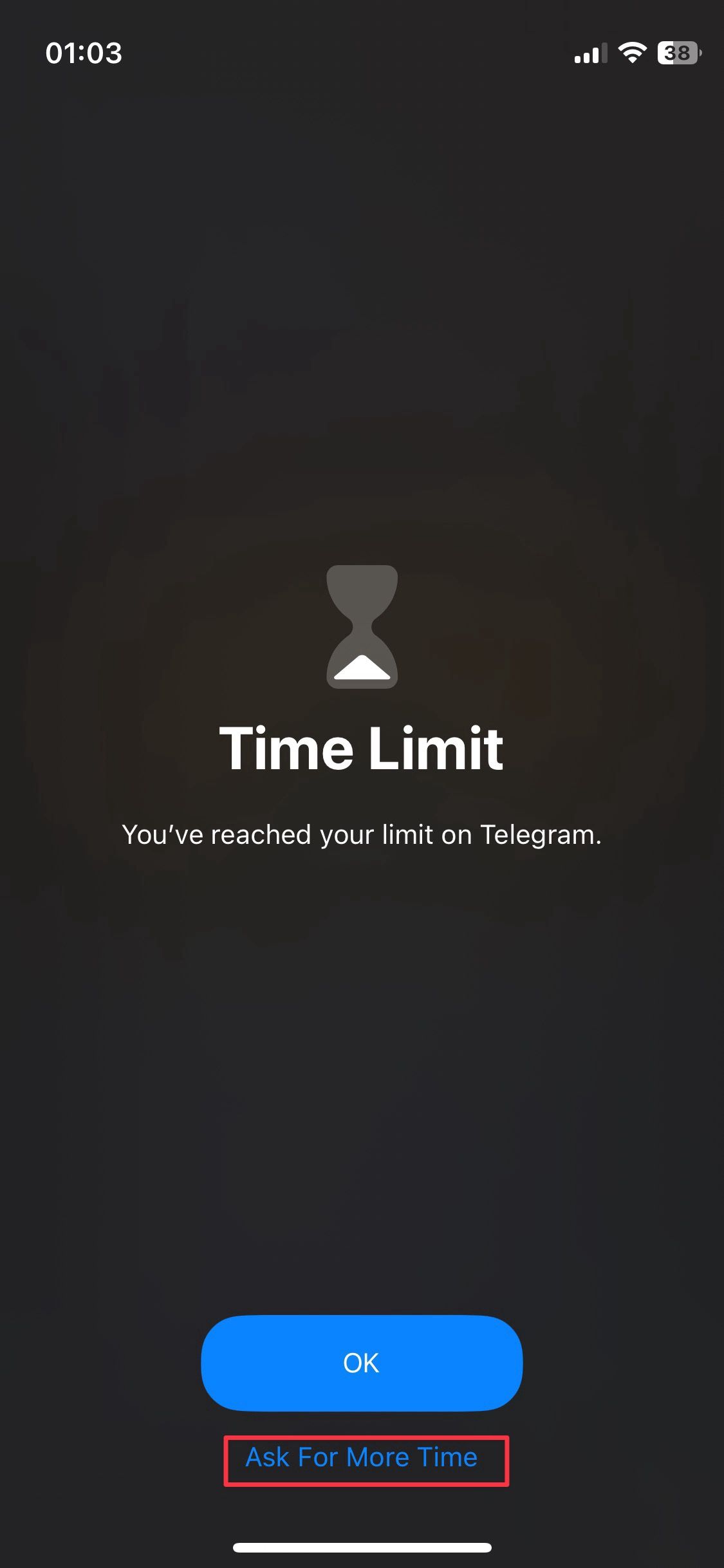 Captura de tela do aplicativo iOS mostrando que atingiu o limite de tempo diário permitido