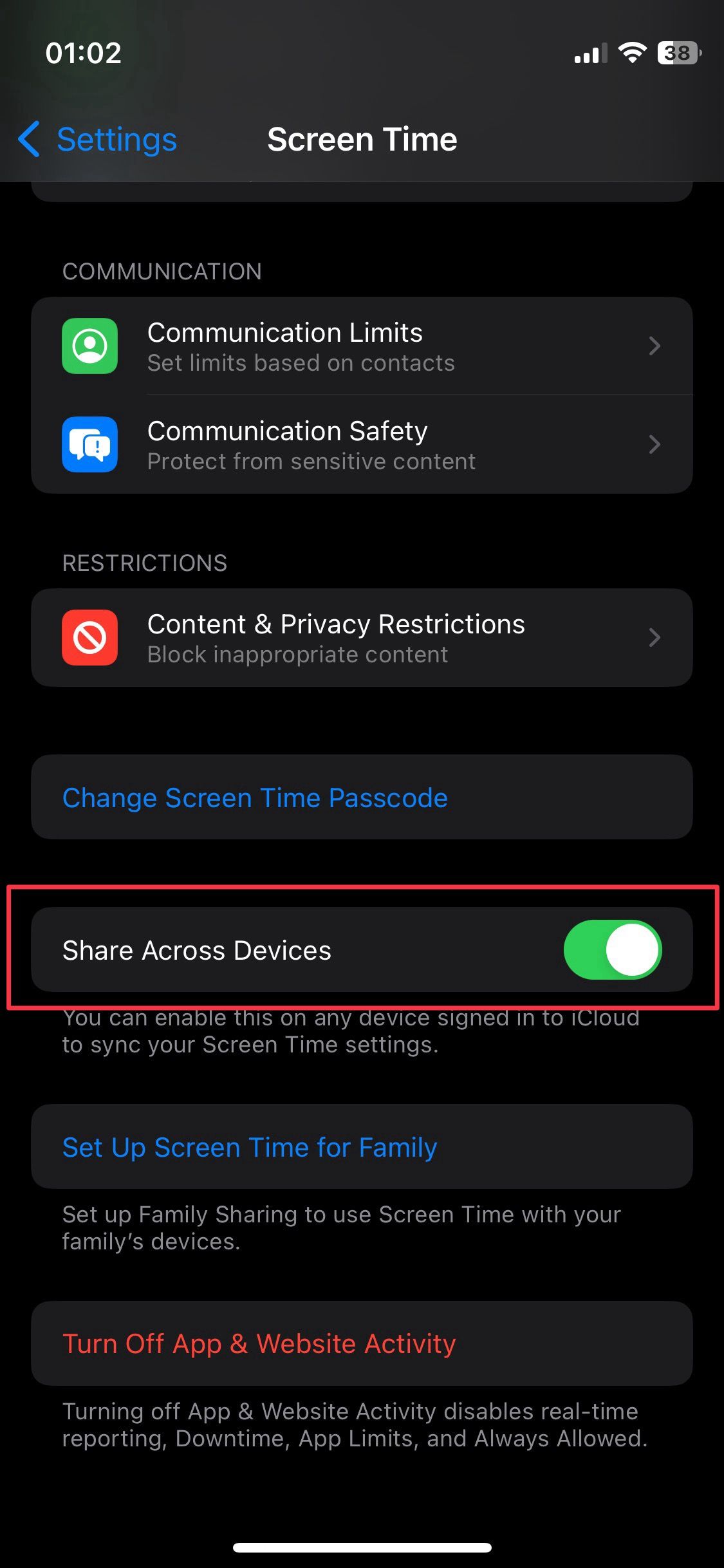 Captura de tela das configurações de tempo de tela do iOS mostrando o recurso Compartilhar entre dispositivos