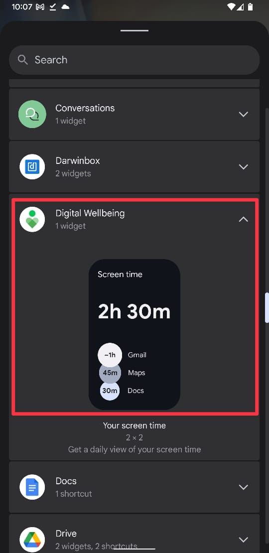 Captura de tela do painel de seleção de widgets mostrando o widget Bem-estar digital