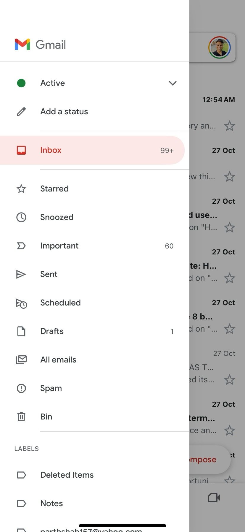 Menu do Gmail no iPhone