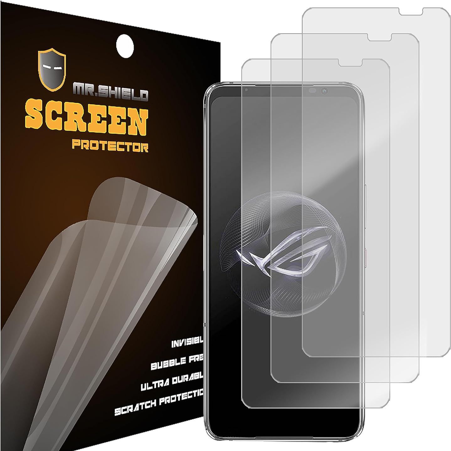 Protetor de tela Mr.Shield Matte PET Material para Asus ROG Phone 6 Pro em um fundo branco.