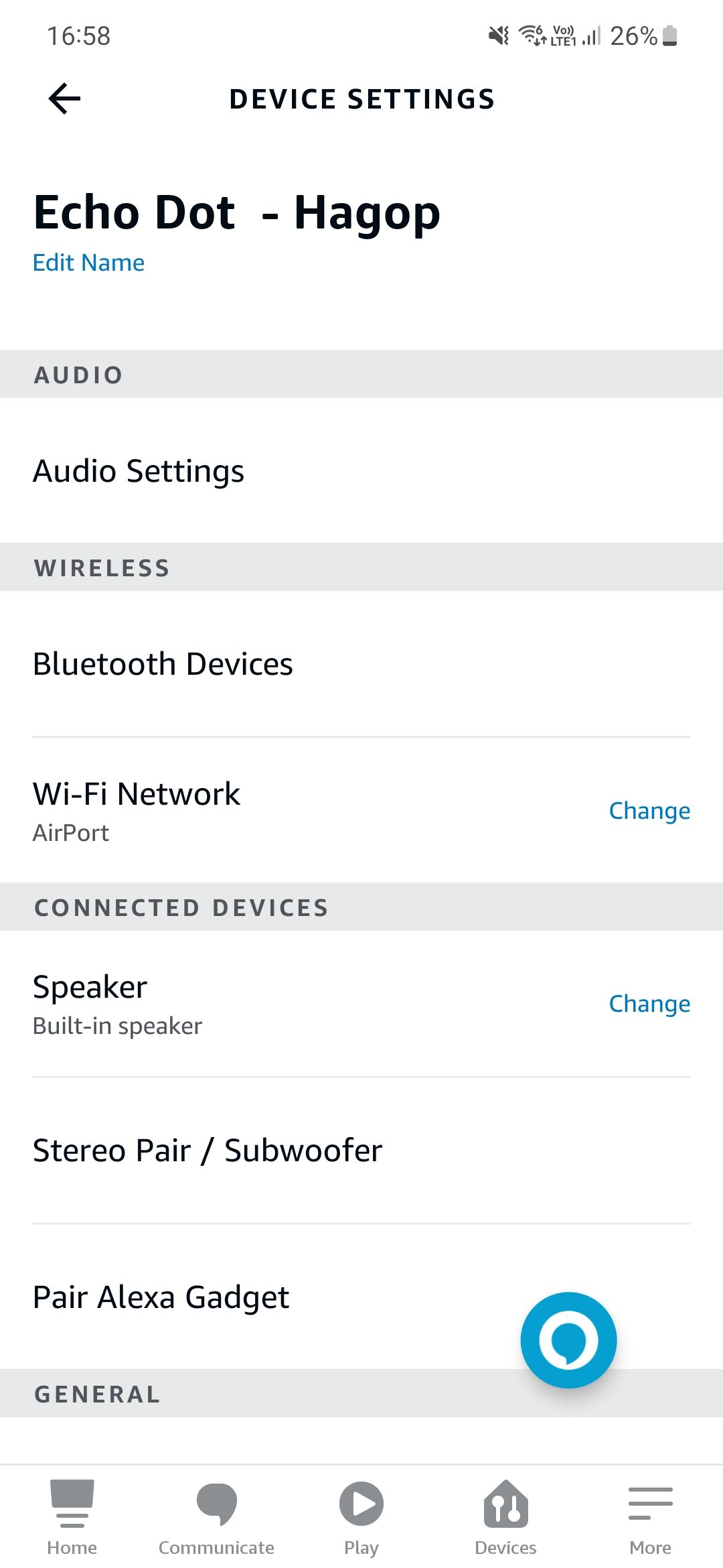 Uma captura de tela do aplicativo Amazon Alexa mostrando as configurações do dispositivo Echo.