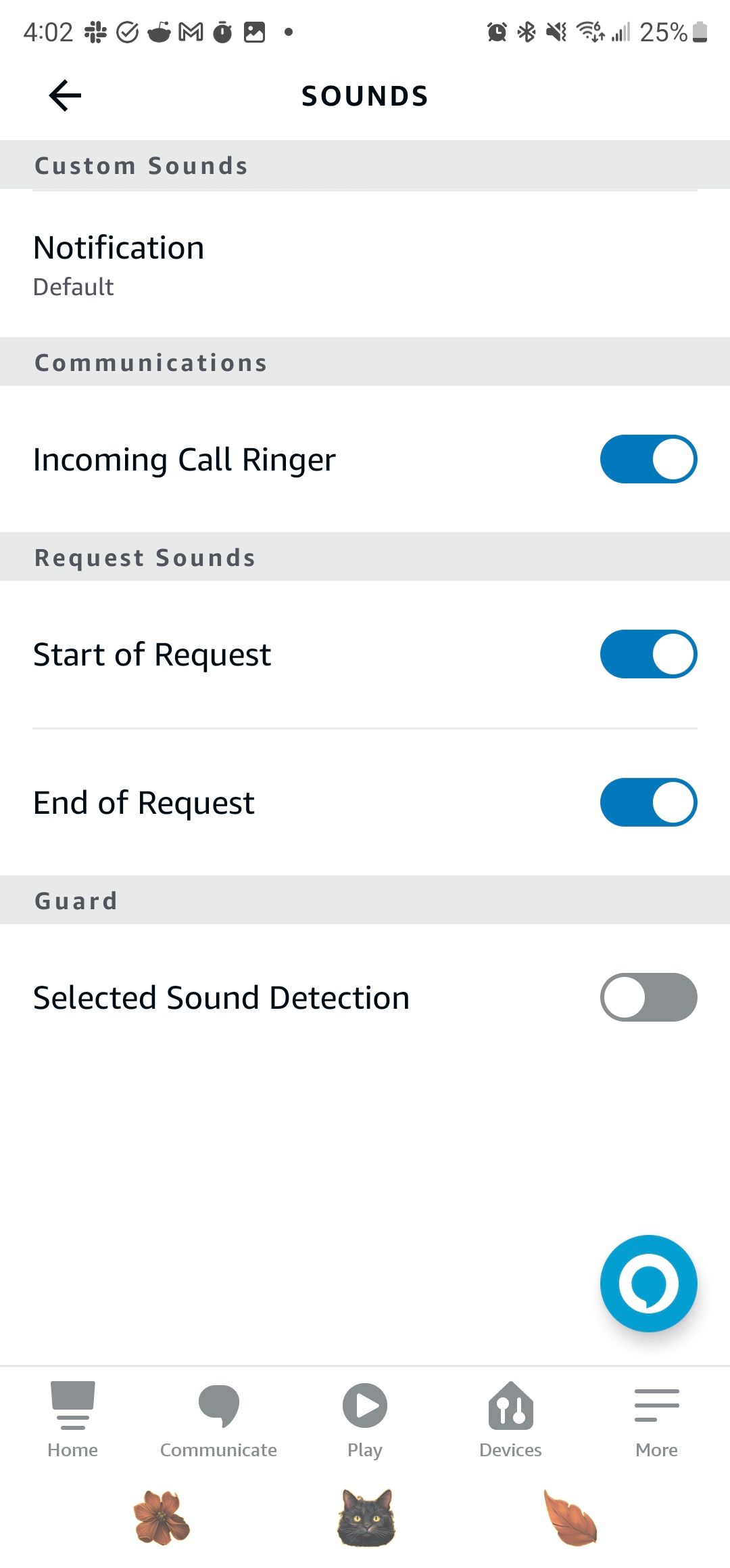 Uma captura de tela da página de configurações de som do aplicativo Amazon Alexa.