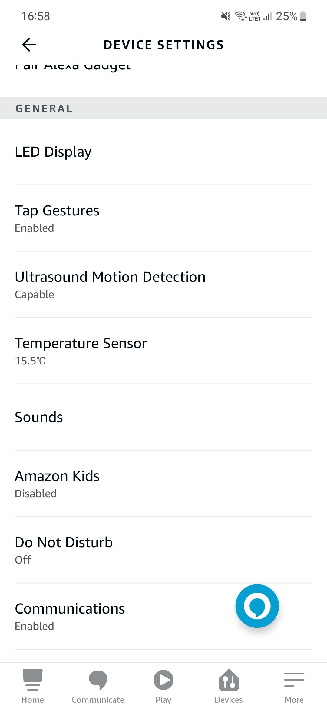 Uma captura de tela do aplicativo Amazon Alexa mostrando as configurações do alto-falante Echo Dot.