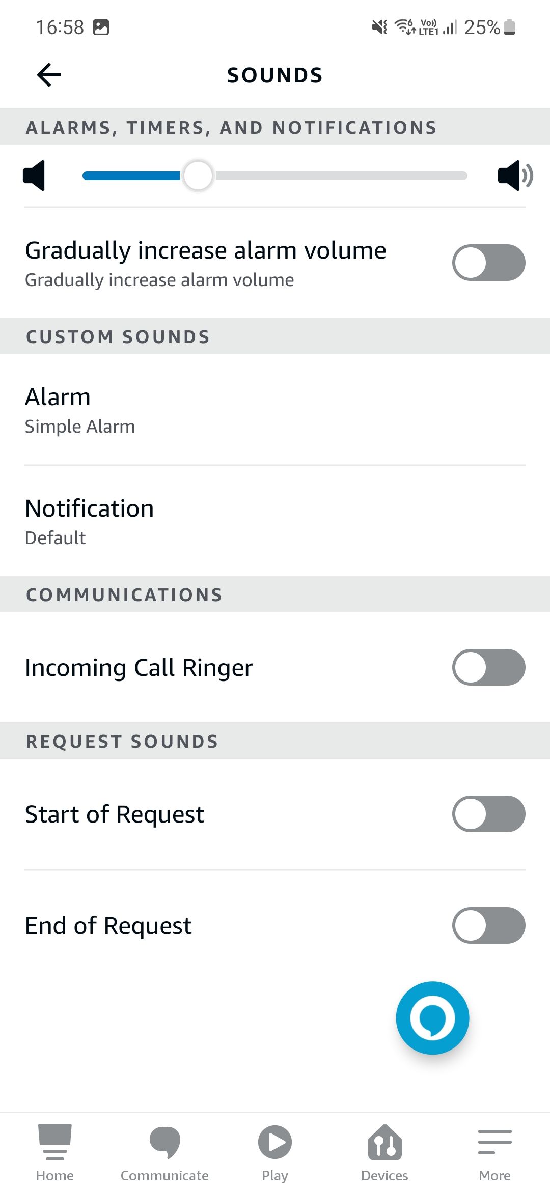 Uma captura de tela do aplicativo Amazon Alexa mostrando as configurações de som de notificação.