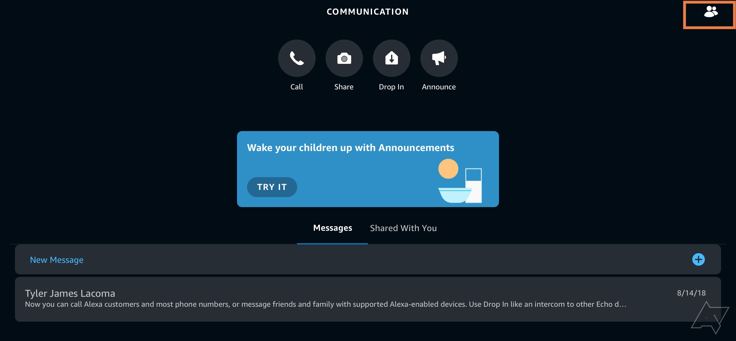 Escolha o ícone Gerenciar contato na tela Alexa Communicate.