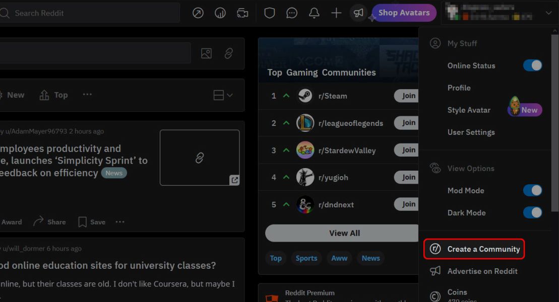 Captura de tela destacando a opção ‘Criar uma comunidade’ na seção de perfil do Reddit