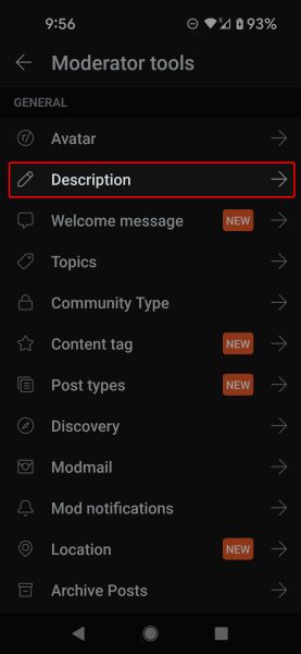 Captura de tela destacando 'Descrição' nas ferramentas do moderador no aplicativo móvel Reddit