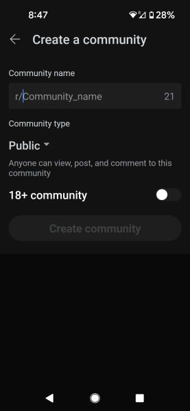 Captura de tela da página ‘Criar uma comunidade’ no Reddit para celular