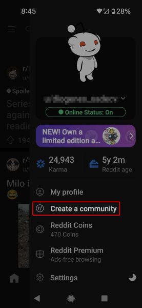 Captura de tela destacando a opção ‘Criar uma comunidade’ na seção de perfil do Reddit mobile