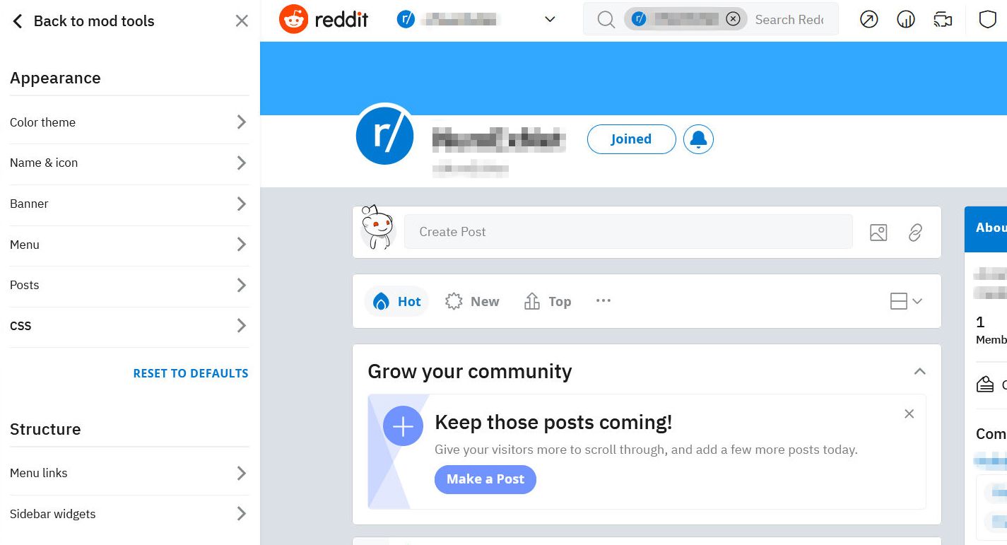 Captura de tela mostrando como personalizar a aparência de um subreddit