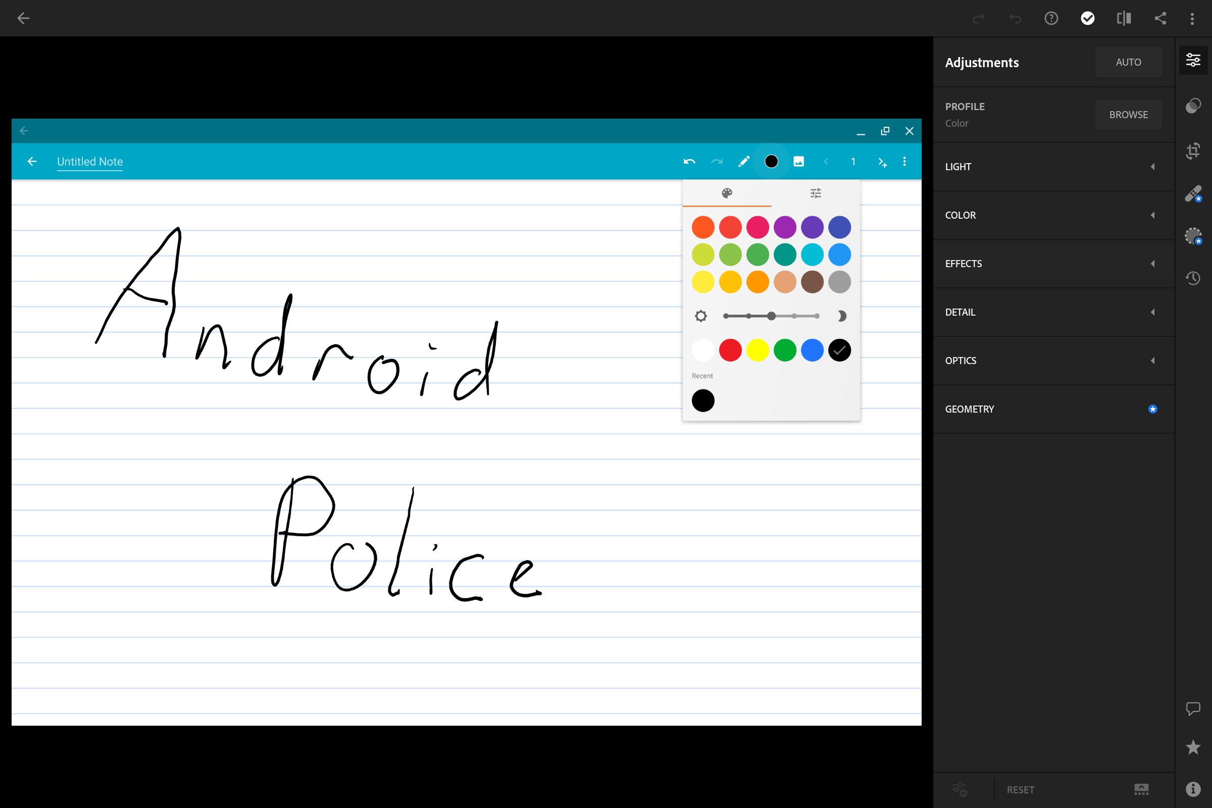 Editando a imagem de uma nota que o Android Police escreveu nela no aplicativo Adobe Lightroom para Android