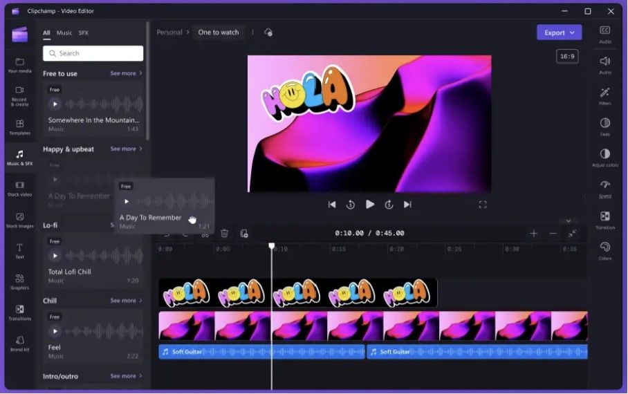 Um exemplo de imagem de edição de um vídeo no Clipchamp