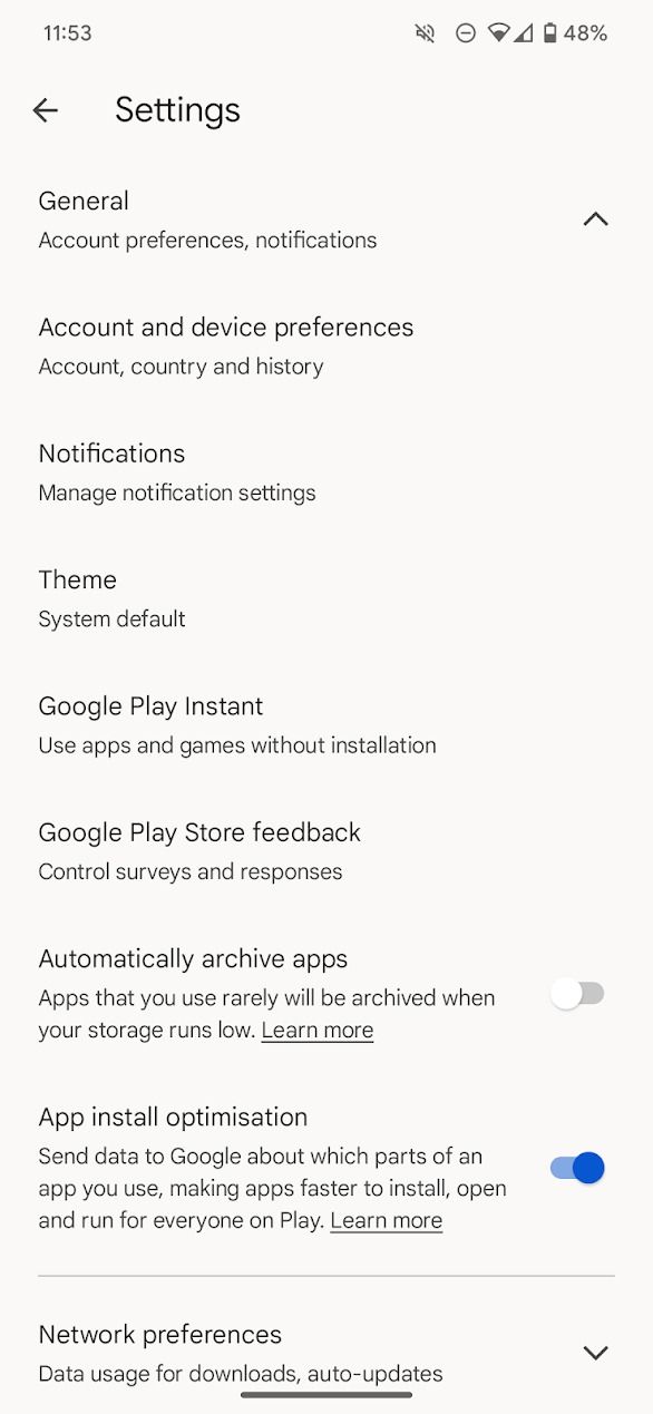 captura de tela das configurações expandidas na Google Play Store