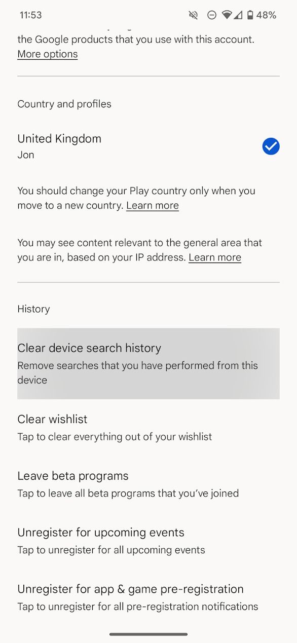captura de tela da opção limpar histórico de pesquisa no aplicativo Play Store