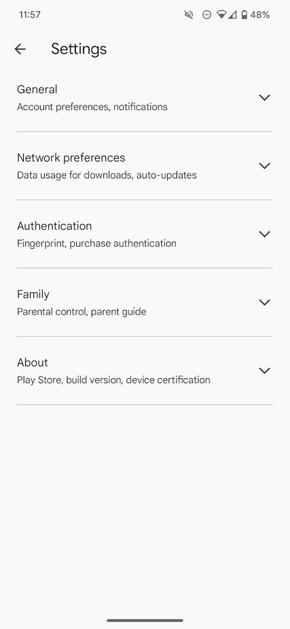 menu de configurações na Google Play Store