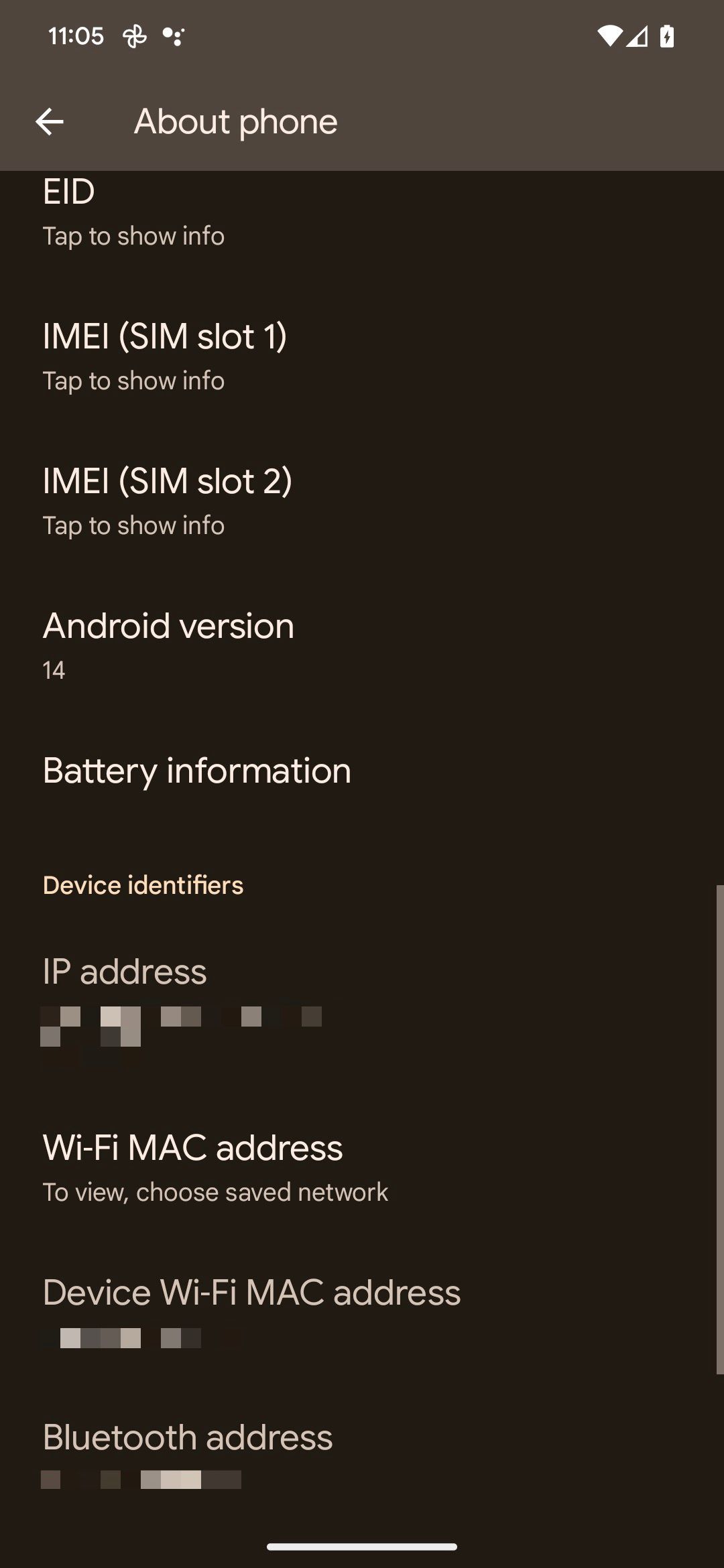 Android 14 QPR1 Sobre o menu do telefone