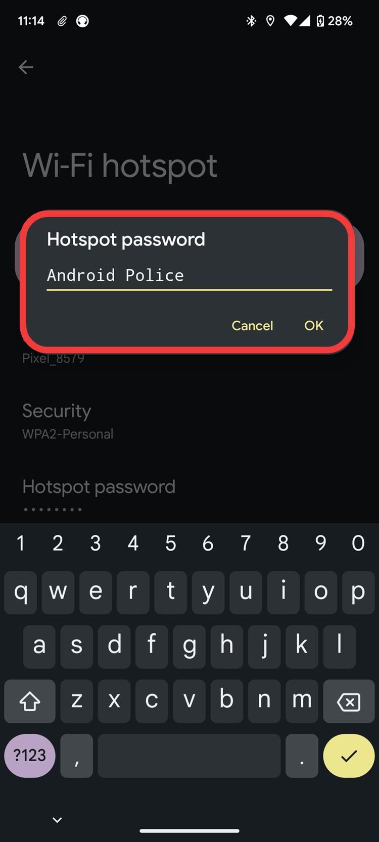 Uma captura de tela das configurações do Android mostrando a nomeação da senha do ponto de acesso.
