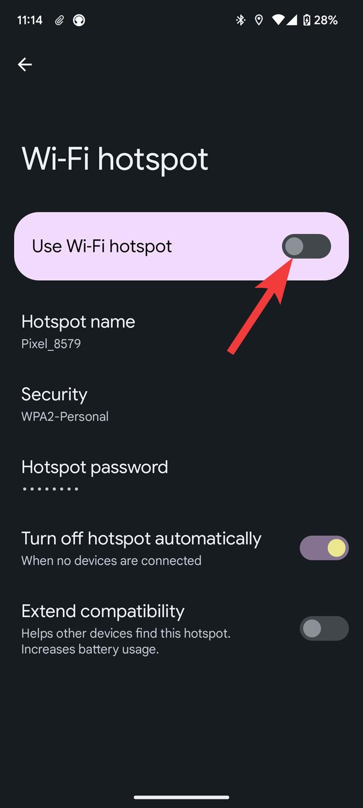 Uma captura de tela das configurações do Android mostrando a alternância do ponto de acesso Wi-Fi.