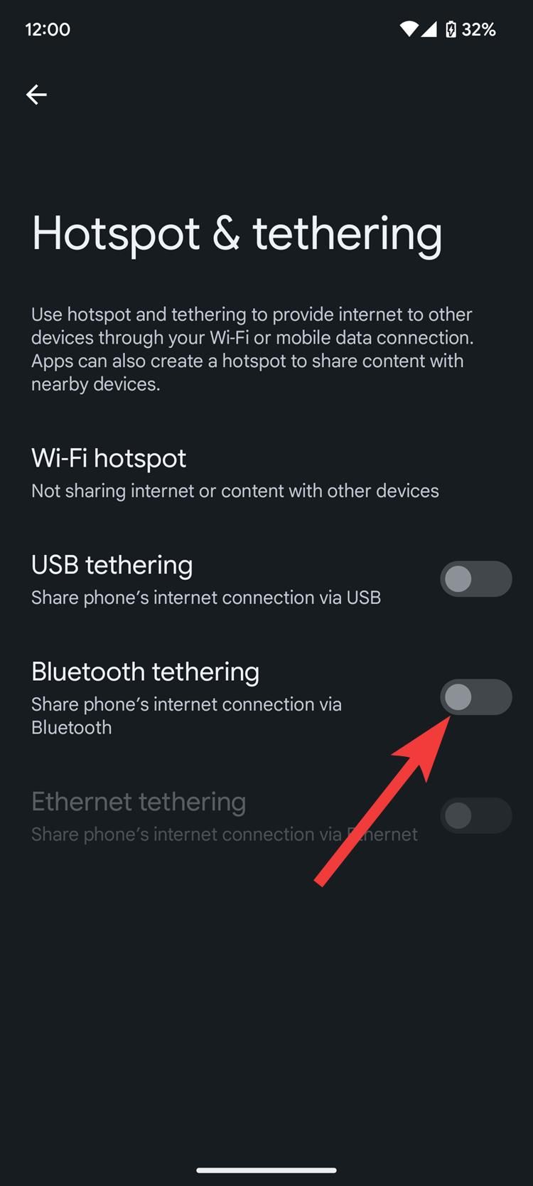 Uma captura de tela das configurações do Android mostrando a alternância do tethering do Bluetooth.