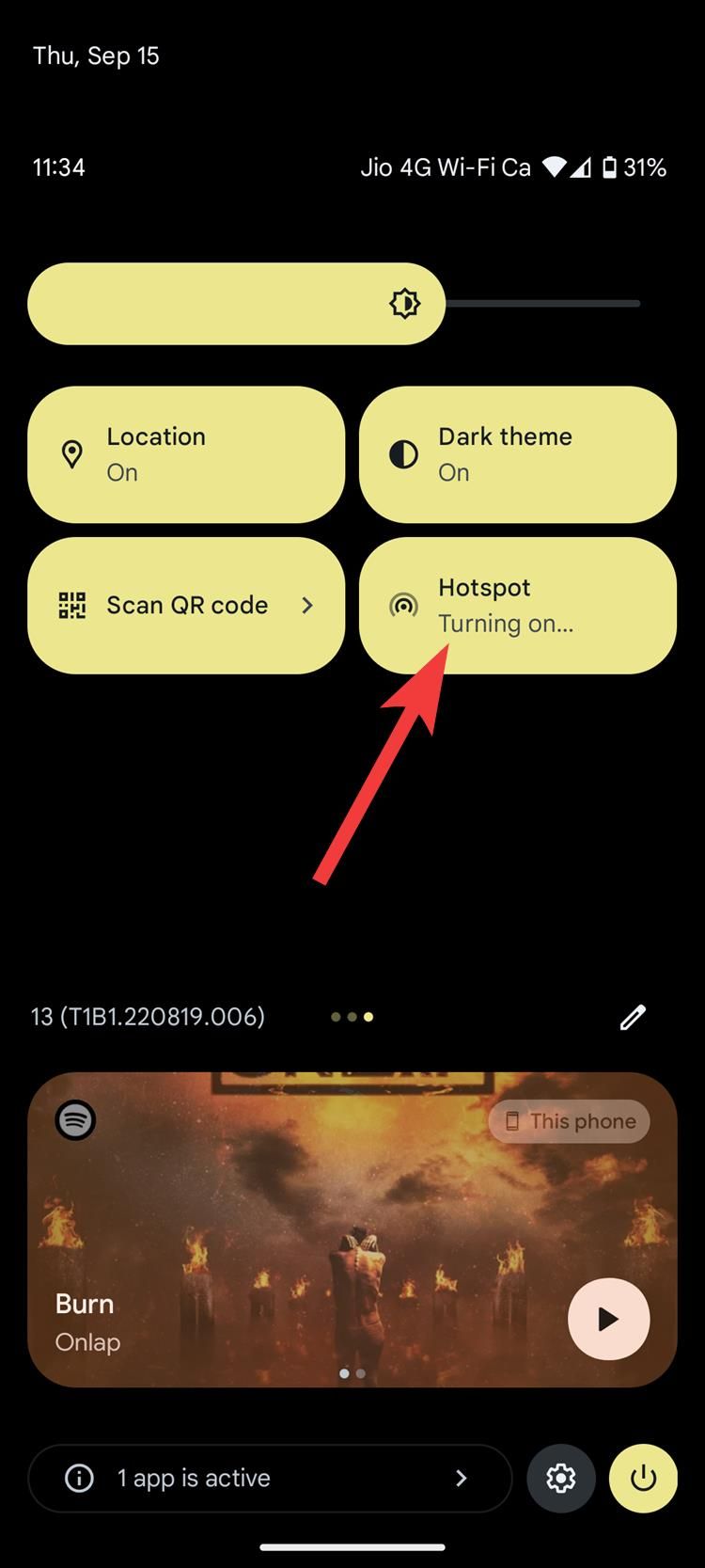 Uma captura de tela das configurações rápidas do Android mostrando como ativar o ponto de acesso.
