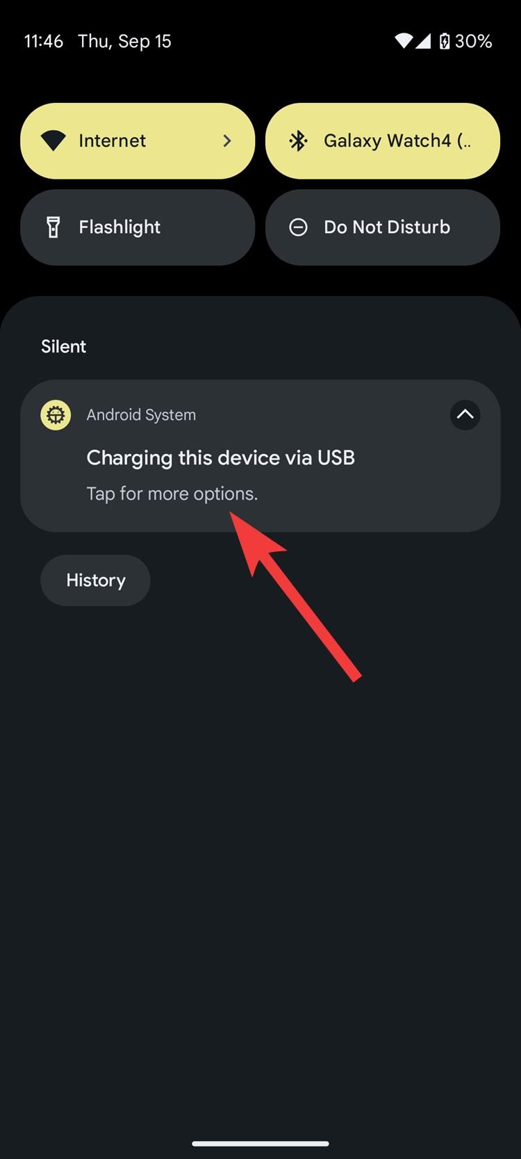 Uma captura de tela de uma notificação do Android sobre carregamento por USB.