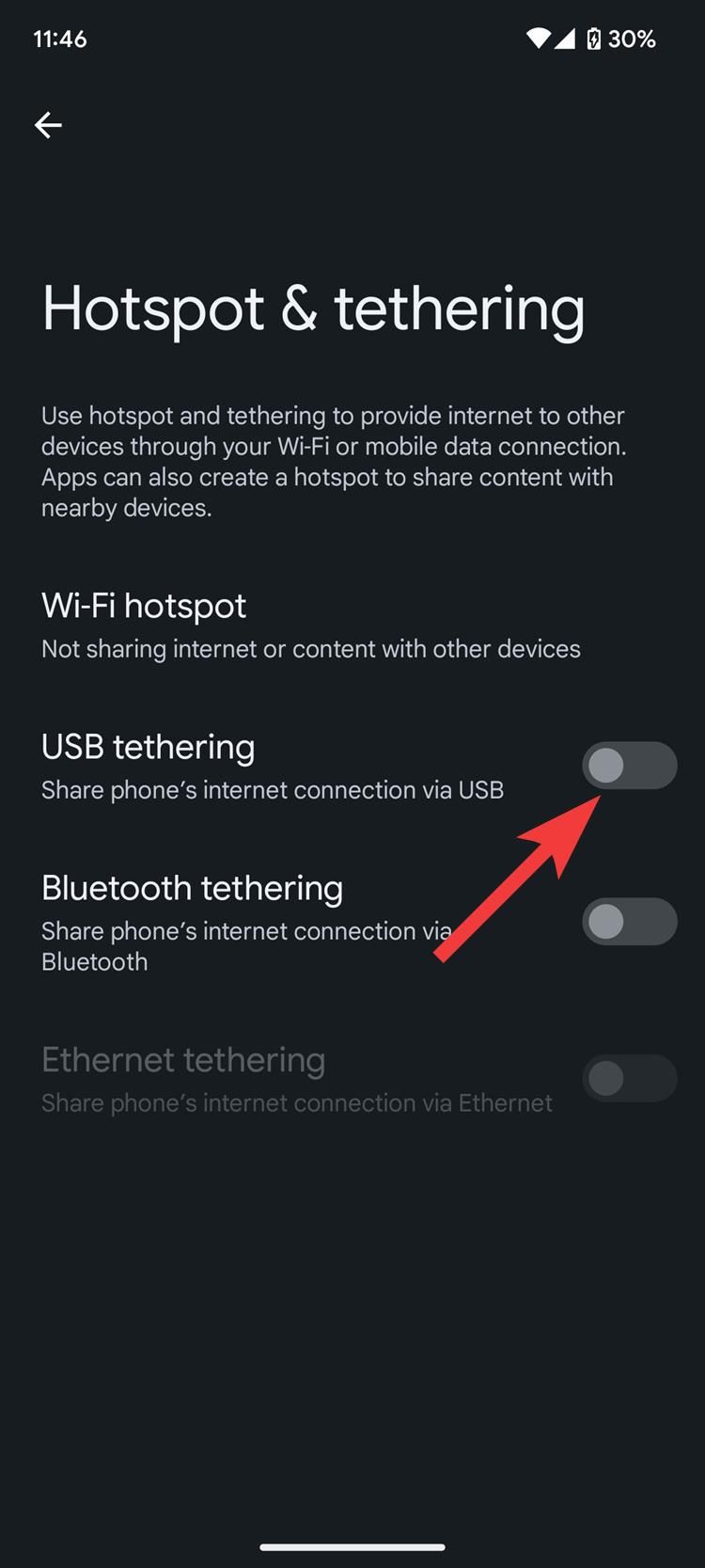 Uma captura de tela das configurações do Android mostrando a alternância do tethering USB.