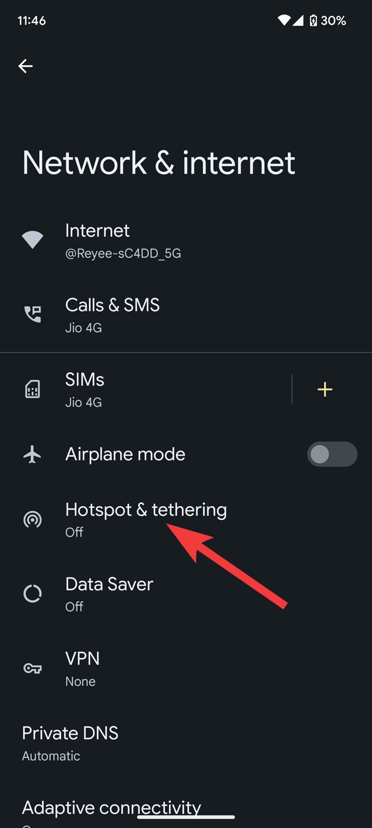 Uma captura de tela das configurações do Android mostrando a seção de ponto de acesso e tethering.