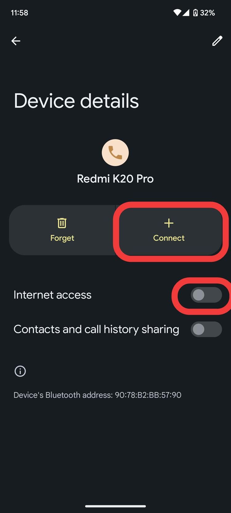 Uma captura de tela das configurações do Android mostrando como se conectar via Bluetooth e ativar o acesso à Internet.
