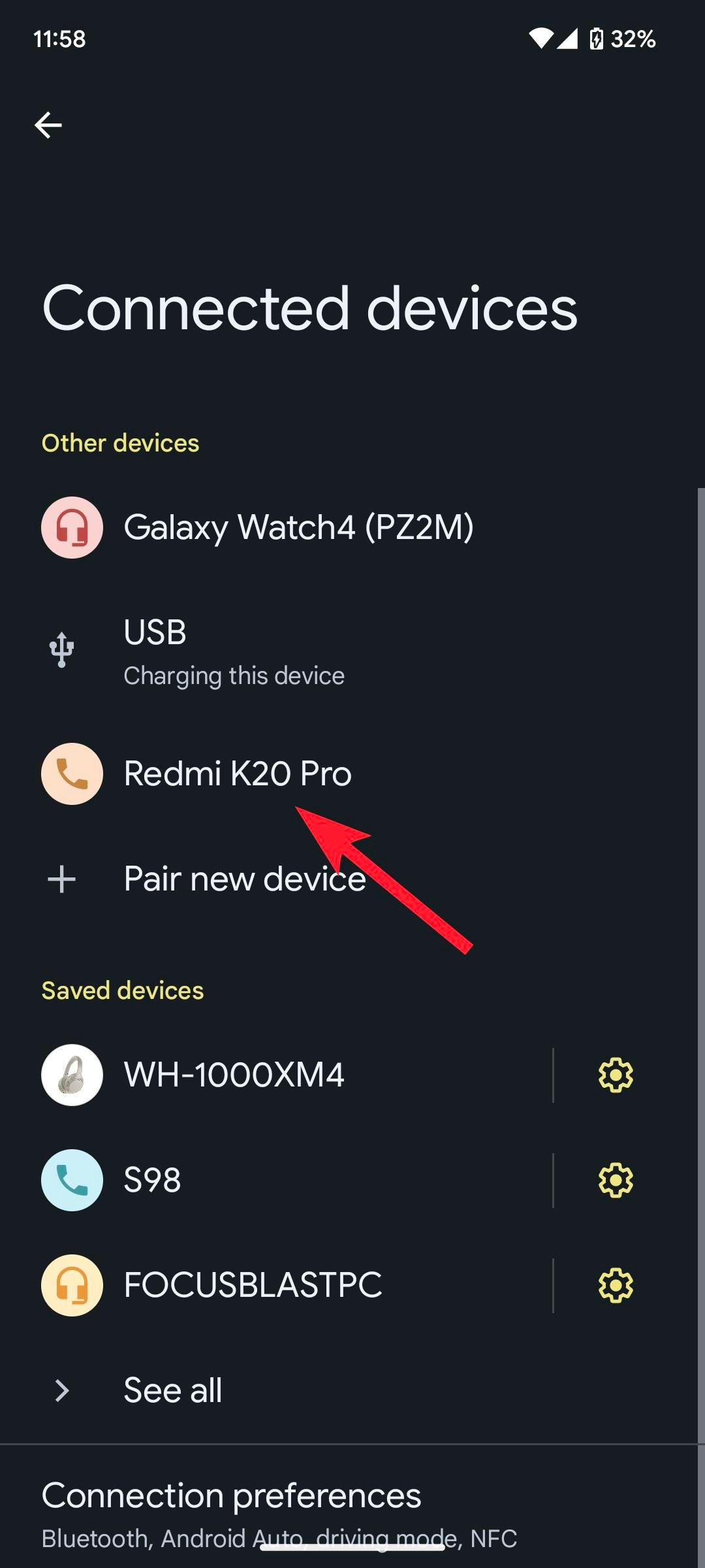 Uma captura de tela das configurações do Android mostrando como escolher um dispositivo Bluetooth.