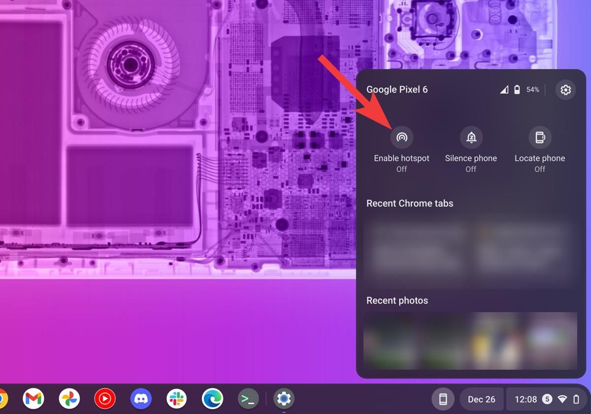 Uma captura de tela do Chromebook Phone Hub mostrando o controle do ponto de acesso.