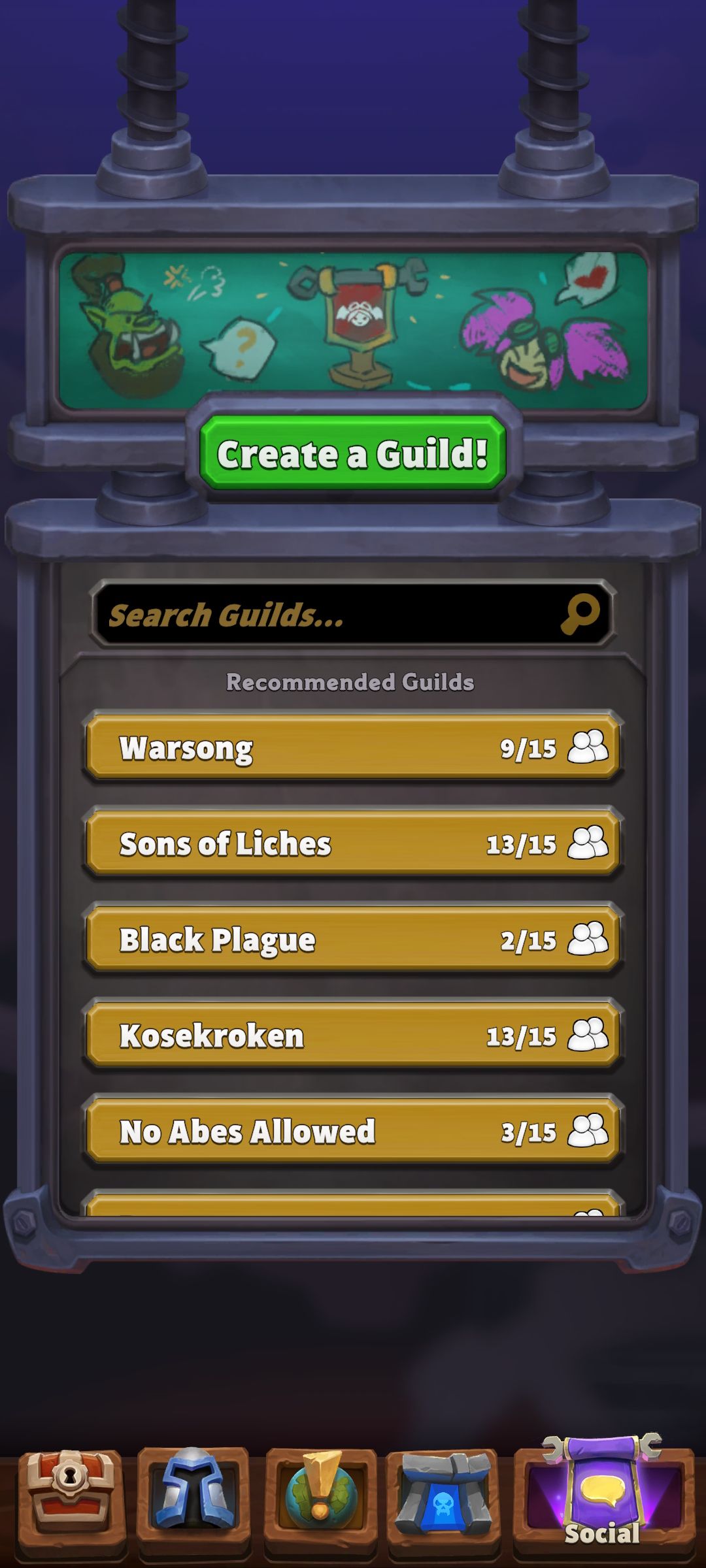 Tela de visão geral da guilda Warcraft nas redes sociais