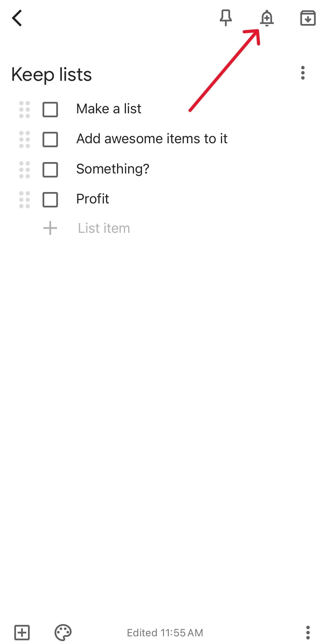 Nota do Google Keep com uma seta vermelha apontando para o ícone de lembretes.