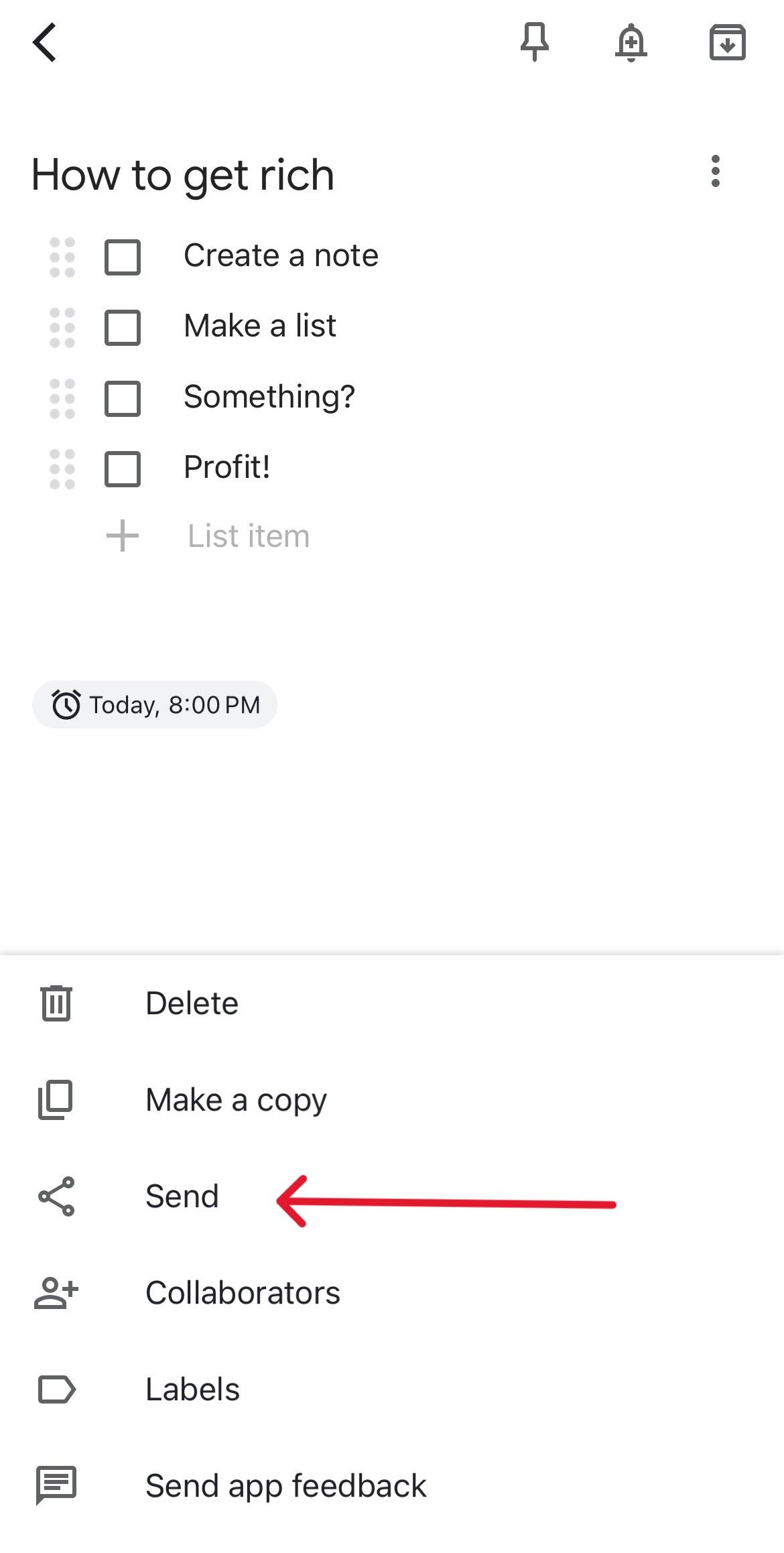 Menu de notas do Google Keep com uma seta vermelha apontando para a opção Enviar.