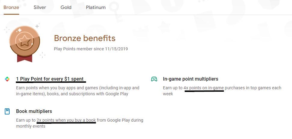 captura de tela das recompensas do nível bronze do Google Play Points