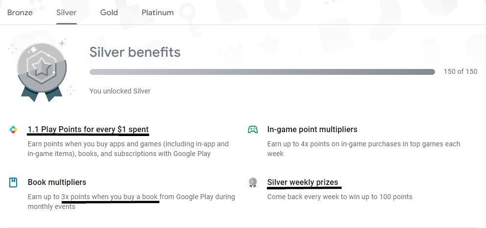captura de tela das recompensas do nível prata do Google Play Points