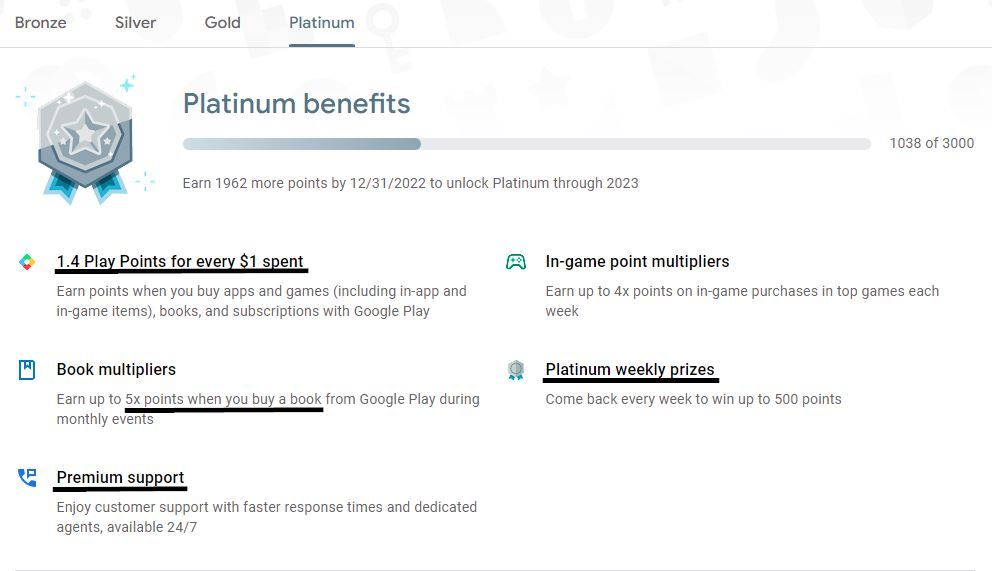 captura de tela das recompensas do nível platina do Google Play Points