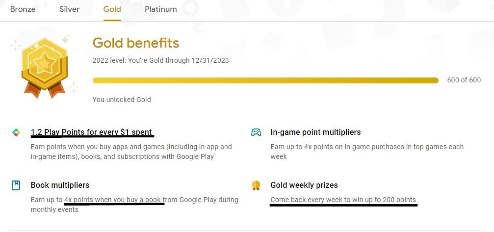 captura de tela das recompensas do nível ouro do Google Play Points