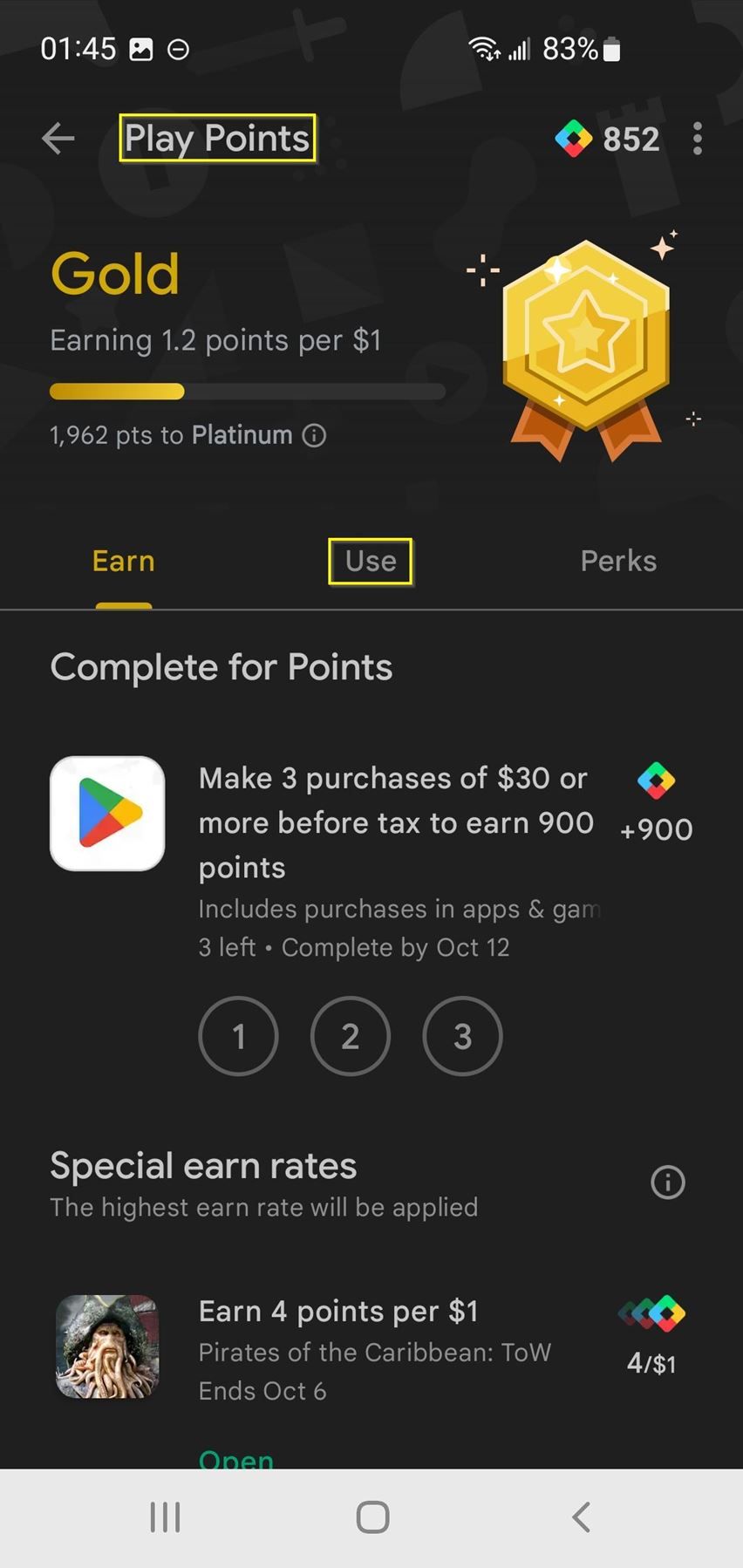 captura de tela das opções de recompensa de pontos do Play
