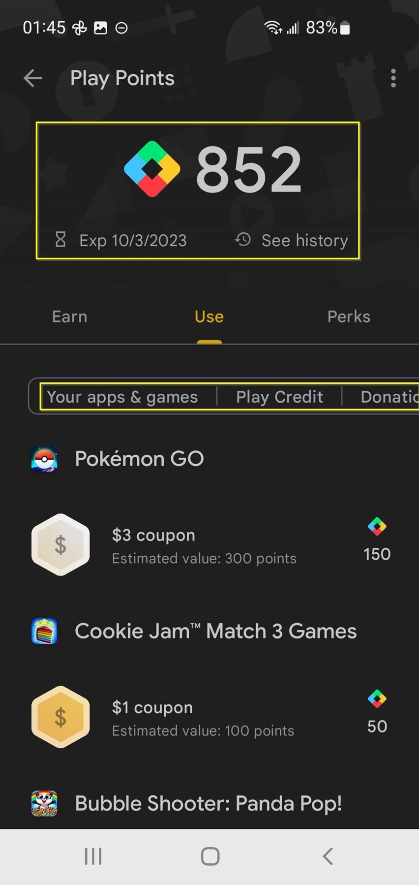 captura de tela de pontos de jogo e recompensas na Google Play Store